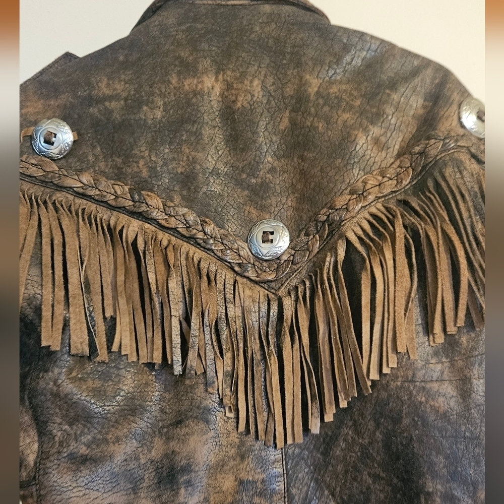 Vintage Western Fringe Real Leather Jacket Brown Distressed Boho Biker Cowgirl - Picture 9 of 16